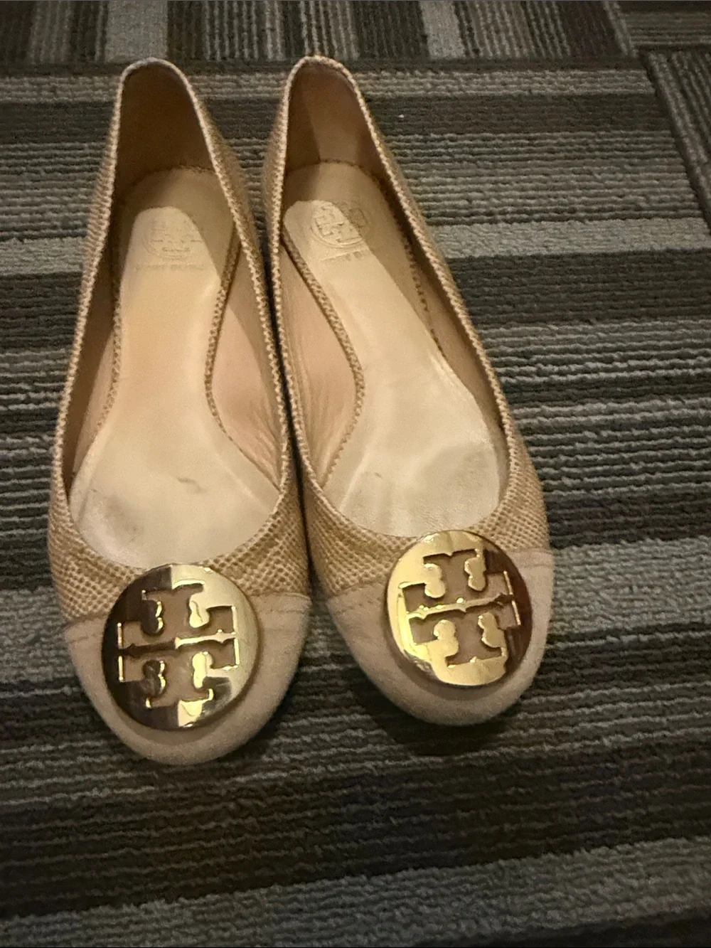 Tory Burch Beige Ballet Flats with Gold Logo Medallion